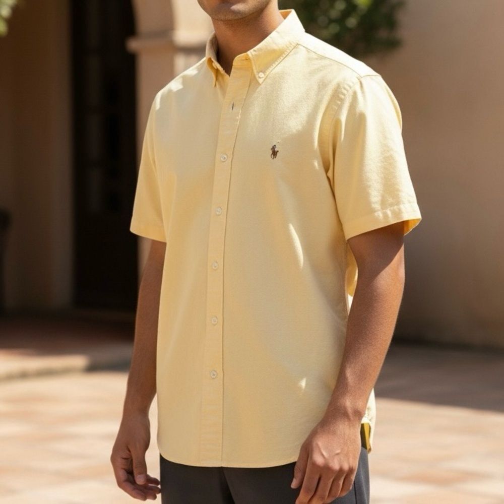 Vintage Ralph Lauren Short Sleeve Button Down Casual Cotton Shirt Yellow Medium